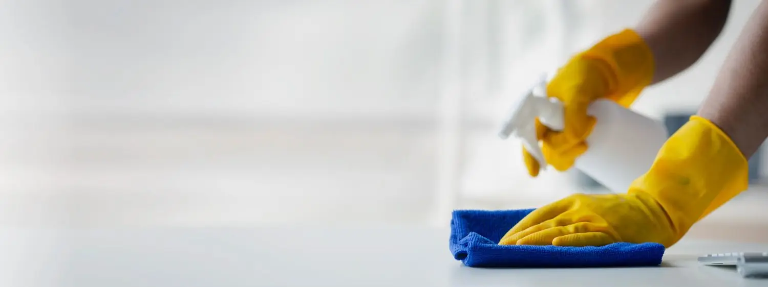 Gloved hands deep-cleaning a surface in a home