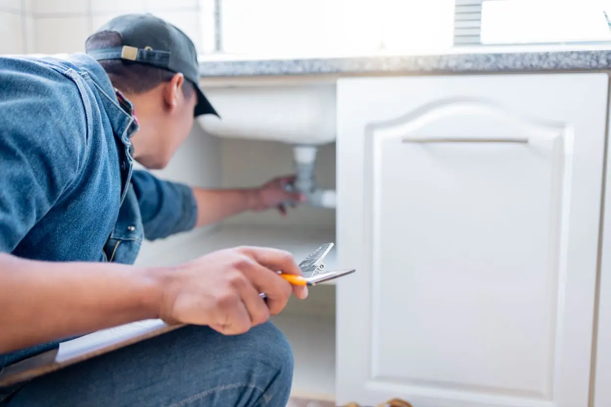 A contractor repairing plumbing under a sink